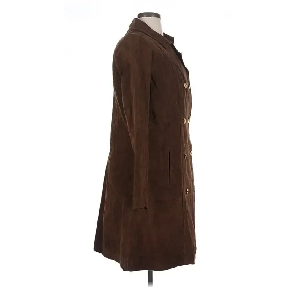 NWT C Wonder Brown Real Leather Coat Double Breasted Jacket Size 14 Gold Buttons